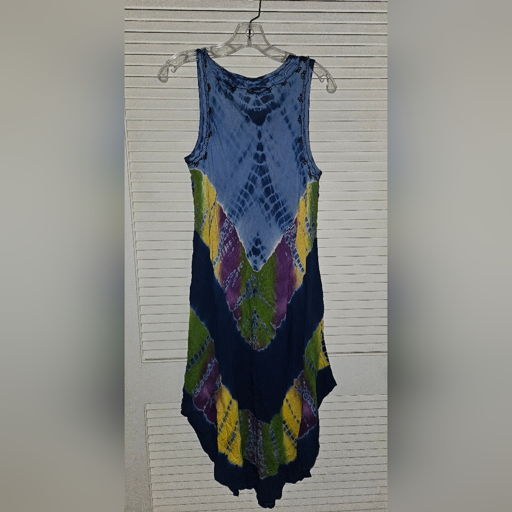 IndianTropical Fashion handkerchief dress, 1 size fit, blue/purple/green/yellow